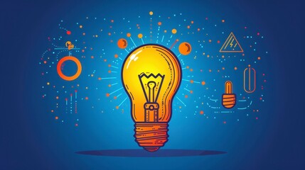 Glowing bulb amidst geometric shapes against a blue gradient background