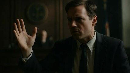 Solemn Oath: A serious figure, arm raised in a courtroom. He's a portrait of honesty. capturing the commitment to speak truth and uphold justice. - Powered by Adobe
