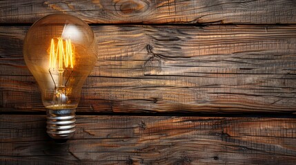 Lit filament bulb over rustic wooden planks. Copy space available
