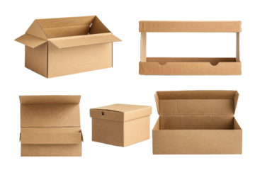 Cardboard Boxes and Parcels with Partially Open Flaps for Packaging Isolated on Transparent Background