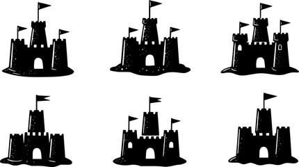 Fototapeta premium Collection of six different sandcastle silhouettes with flags on top, summer theme 