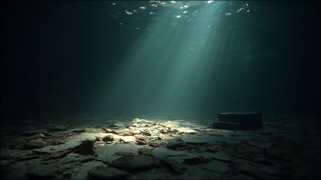 Underwater cave sunlight beams on debris