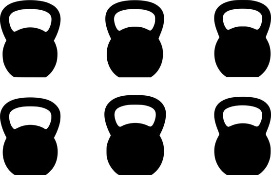 Six kettlebell silhouettes arranged in a twobythree matrix formation
