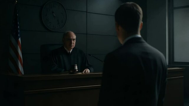 Justice in Session: A serious courtroom scene features a judge seated behind the bench, looking at an individual standing before them. Emphasizing the gravity and formality of the legal system. 