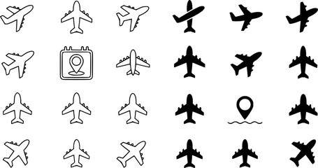 Naklejka premium Airplane Icon Collection: Outline and Solid Styles, A set of 12 airplane icons in outline, solid, and decorative styles, ideal for travel, aviation, transportation, and logistics design projects
