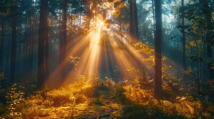 Obraz premium Sunbeams pierce a dense forest, illuminating the ground in a golden glow