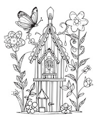 Naklejka premium Whimsical Birdhouse in a Floral Garden