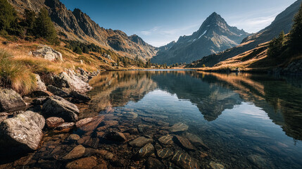 Mountains reflect in calm lake. Serene scenery shows rugged peaks, clear water, rocks. Nature wallpaper, web design, travel marketing.