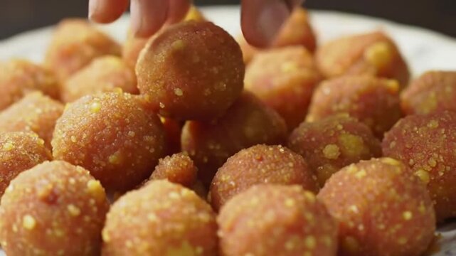A close up view of a plate filled with many round orange colored sweet laddu balls