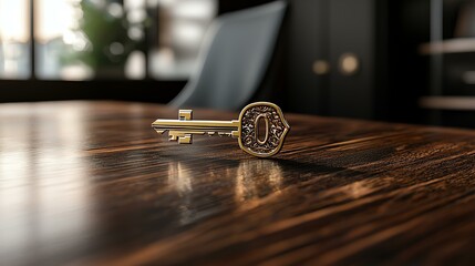 Income Perks Promotion, Vintage Decorative Key on a Wooden Table in an Office Setting