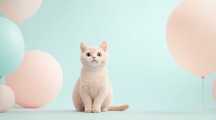 Japanese Kawaii, Pastel Colors, Playful, Adorable Cat Surrounded by Soft Pastel Balloons in Bright Setting