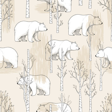Seamless Minimalist Bear & Birch Pattern - Hand-Drawn Line Art in Soft Latte & Cream - Organic Scandinavian-Inspired Textile Design