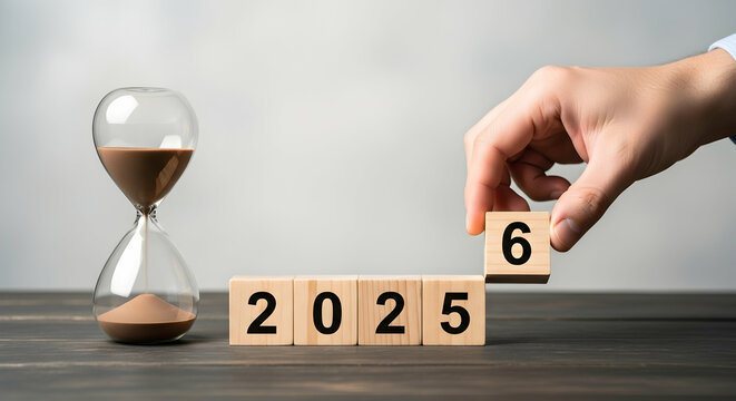 alat kuno jam pasir dan balok kayu bermakna waktu menjelang pergantian tahun 2025 ke 2026.  