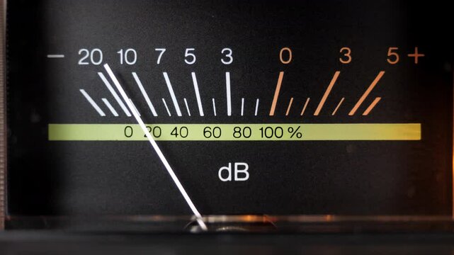 Detail of radio needle moving on black background, music play