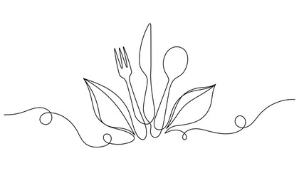 Fork, knife, and spoon with leaf in continuous one line drawing. Minimalist vector illustration of healthy eating, vegan or organic food concept. Isolated on white background. © Maryna