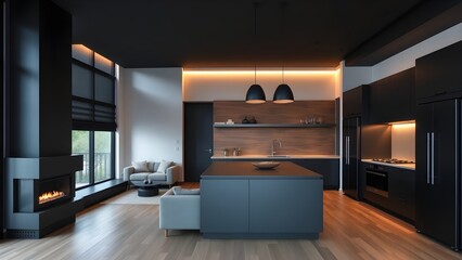 Beautiful open plan matte black kitchen and dining area with fireplace