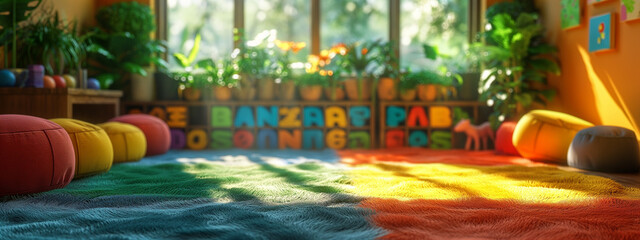 Naklejka premium Real effect of a sunlit preschool reading area with alphabet blocks and colorful rugs – ideal for early childhood education visuals