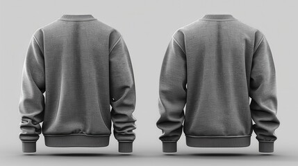 Two back views of blank grey sweatshirts, ribbed cuffs and hem, minimalist