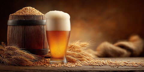 A wooden barrel filled with wheat and hops, next to it is an oversized glass of beer with foam on the table, on which grains can be seen, against a warm background color.