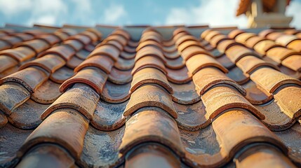 Tiled roof close-up with varying hues, showing texture and depth under a soft blue sky