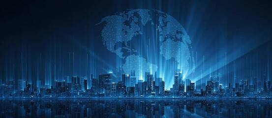 Abstract digital blue background with a city skyline and a globe in the light of sun rays Big data technology, global network concept Digital banner for a business presentation, science Generative AI - Powered by Adobe