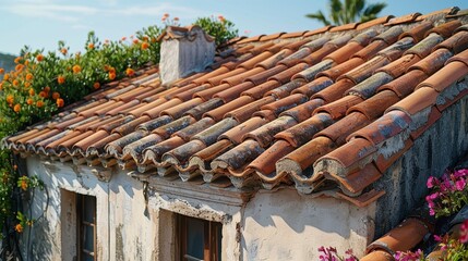 Mediterranean roof with flowers, textured tiles, stone building, and blue sky