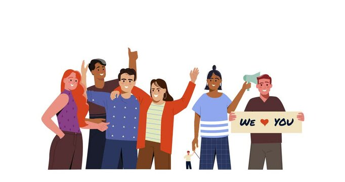 Group of happy people cheer. Moving banner with smiling friends gather together and holding banners and flags to support and express love. Crowd of cheerful fans. Flat graphic animated cartoon
