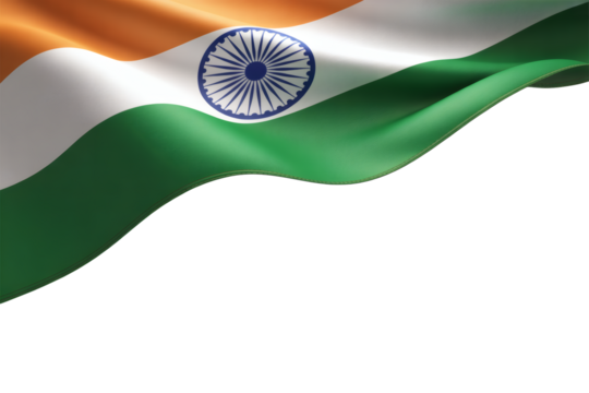A flowing patriotic banner showcasing the vibrant Indian national flag with the Ashoka Chakra, captured in a dynamic render with ample copy space