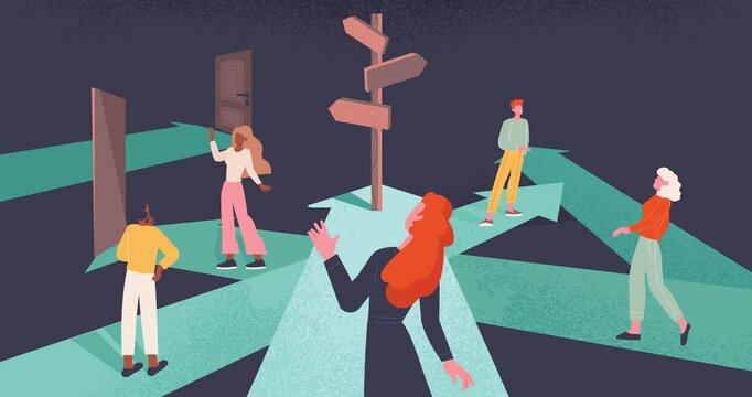 Finding Right Path in Life. Moving banner with men and women following arrows to opening doors in subconscious. Metaphor of psychological search for inner identity. Flat graphic animated cartoon