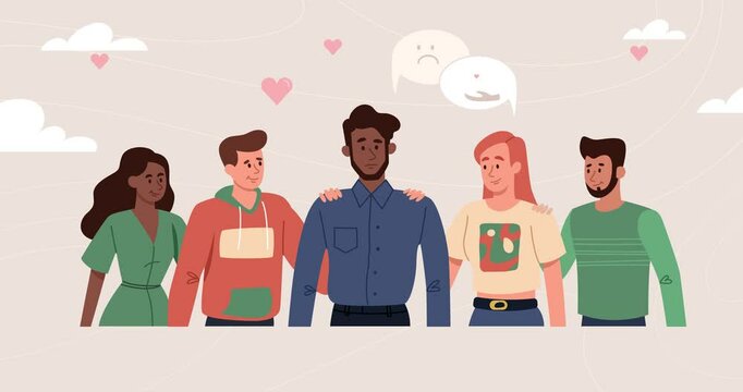 Support from friends. Moving banner with group of people comforting and helping friend in psychological crisis and mental problems. Empathy and emotional support. Flat graphic animated cartoon