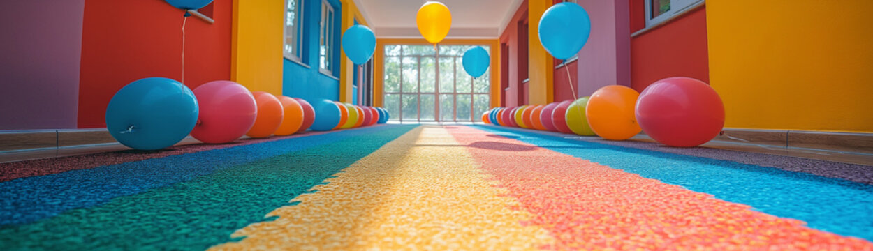 Realistic colorful hallway with balloons and rainbow carpet &ndash; perfect for school event promotions, educational materials, or children's interior design themes