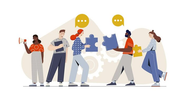 Recruitment of staff. Moving banner with team of HR specialists searching and selecting candidates for vacancy. Hiring new employees. Headhunting and Human Resources. Flat graphic animated cartoon