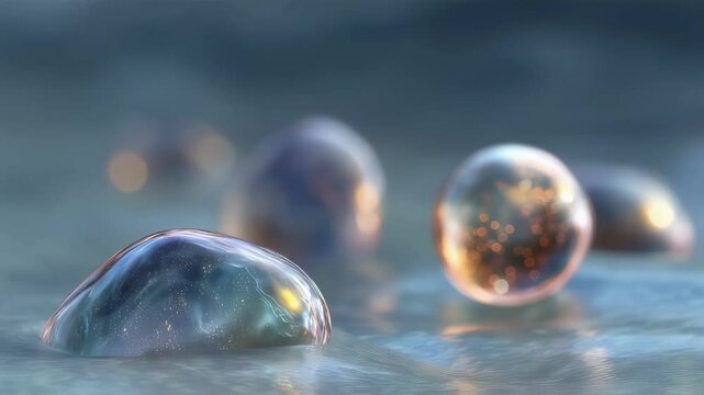 Stunning macro view of exosomes inside shimmering transparent spheres captured with glowing reflections against a soft backdrop. This artistic representation highlights advancements