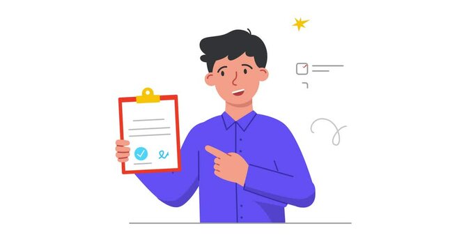 Product safety and quality control. Moving banner with male inspector holding document, guarantee or certificate of compliance with quality standards. Flat graphic animated cartoon