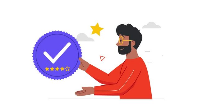 Product safety and quality control. Moving banner with male inspector or auditor holding product quality assurance badge. Clinically tested and certified. Flat graphic animated cartoon