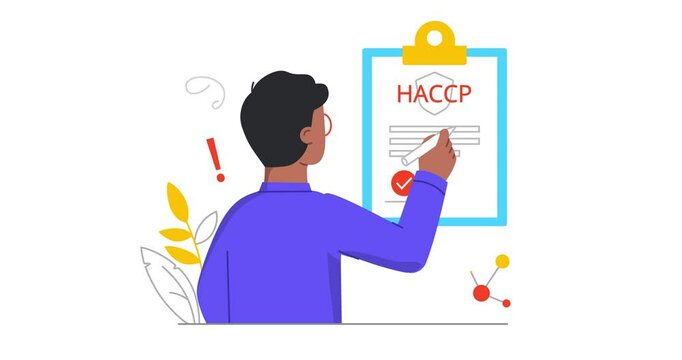Product safety and quality control. Moving banner with male inspector signing certificate of conformity of products to HACCP standards. Verified and clinically tested. Flat graphic animated cartoon