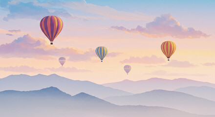 Fototapeta premium Watercolor hot air balloons flying above mountains in soft sunrise light and dreamy sky