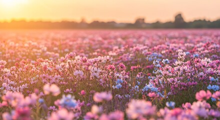Dreamy Cosmos Field at Sunset: Pink, Blue, and Golden Light