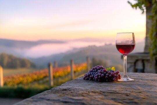 Wine glass and grapes with scenic vineyard view in Piedmont, Italy at sunset, showcasing winery charm and elegance