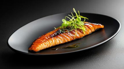 Portuguese marinated eel dish with herbs on black plate, gourmet cuisine, elegant main course, food styling