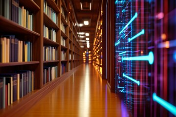  Futuristic digital library with glowing interface and traditional bookshelves in modern learning environment