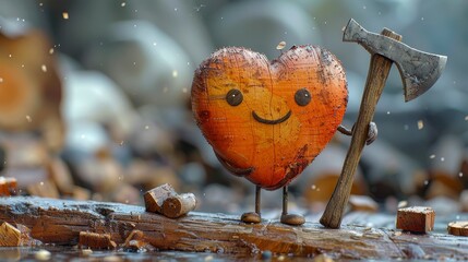 Wooden heart character with an axe on a log, smiling, with wood chips