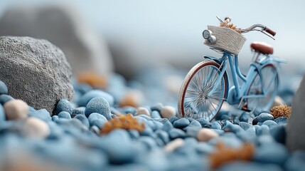 A miniature blue bicycle rests on a bed of smooth, grey stones near the ocean, a serene coastal scene