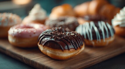 Deliciously glazed donuts on a wooden board