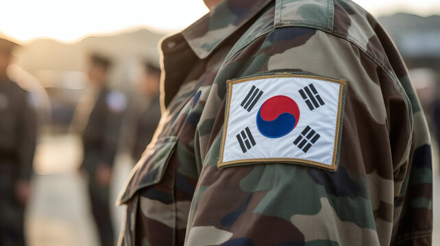 South Korean Soldier's Uniform Close-Up  National Flag Patch Detail, Military Service,  Army, Patriotic Symbol