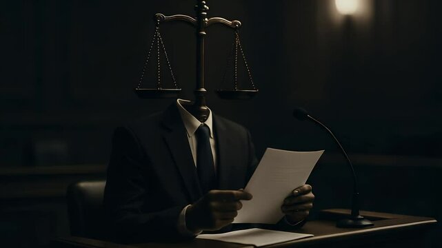 Symbol of Justice: A thought-provoking image of a faceless individual, dressed in a suit, with scales of justice seamlessly integrated into their form, reading a document.
