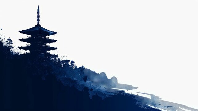  Traditional pagoda silhouette in blue abstract brushstroke style, Kyoto, Japan, cultural heritage illustration