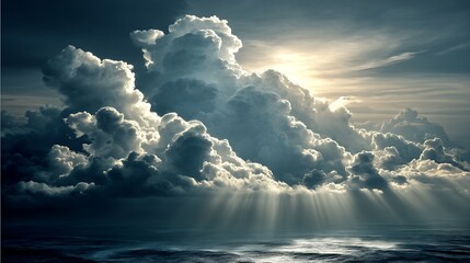 Dramatic clouds over ocean, sunbeams piercing