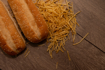 hot dog bun with potato straws
