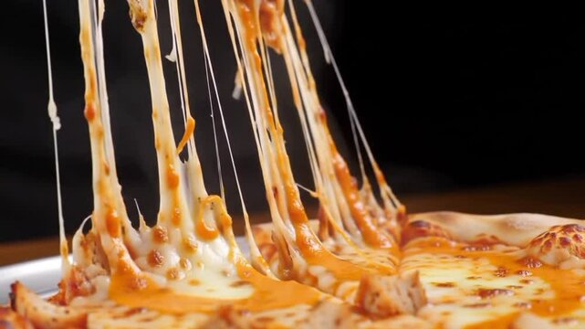 Close up of a slice of pizza being lifted showing the stringy cheese and orange tomato sauce topping